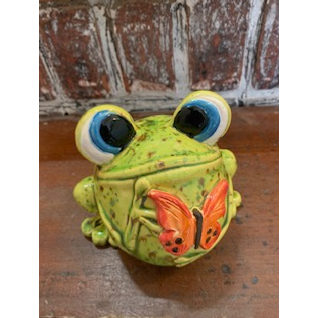 Googly Eyed Frog- Ceramic Googly Eyed Frog With White Daisy Figurine