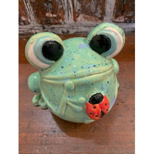 Googly Eyed Frog- Ceramic Googly Eyed Frog With White Daisy Figurine