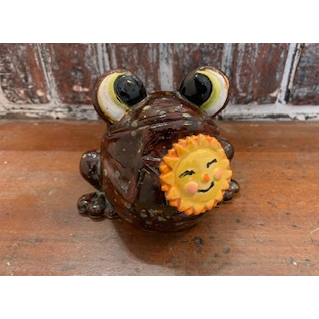 Googly Eyed Frog- Ceramic Googly Eyed Frog With White Daisy Figurine