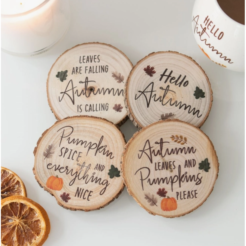 Hello Autumn Wood Slice Coasters - Set of 4