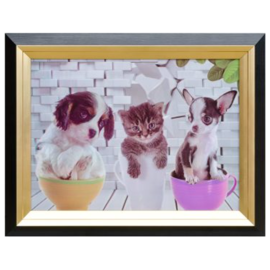 Dog and Cat Tea Party Hologram Framed Picture