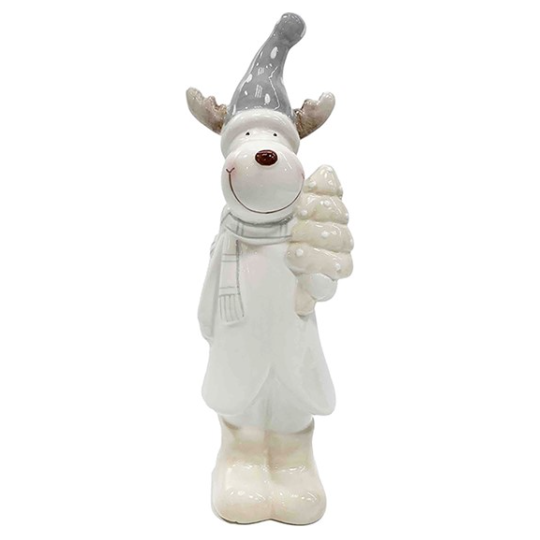 Grey and White Ceramic Reindeer With Christmas Tree