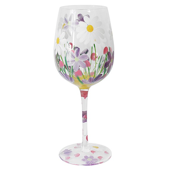 Hand Painted Wine Glass With Daisies