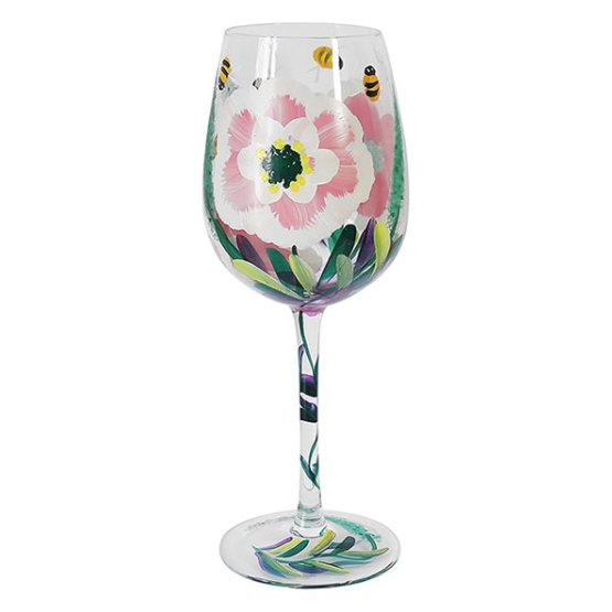 Hand Painted Wine Glass Peonies and Bees