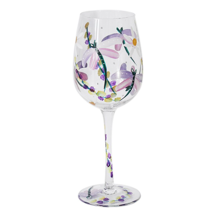 Hand Painted Wine Glass Dragonflies and Daisies