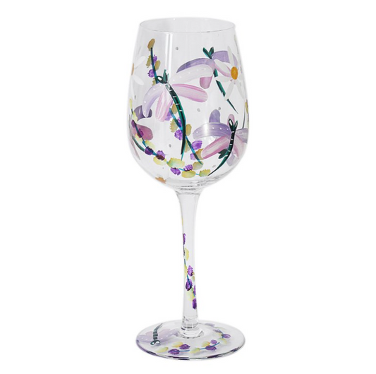 Hand Painted Wine Glass Dragonflies and Daisies