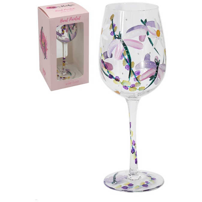 Hand Painted Wine Glass Dragonflies and Daisies